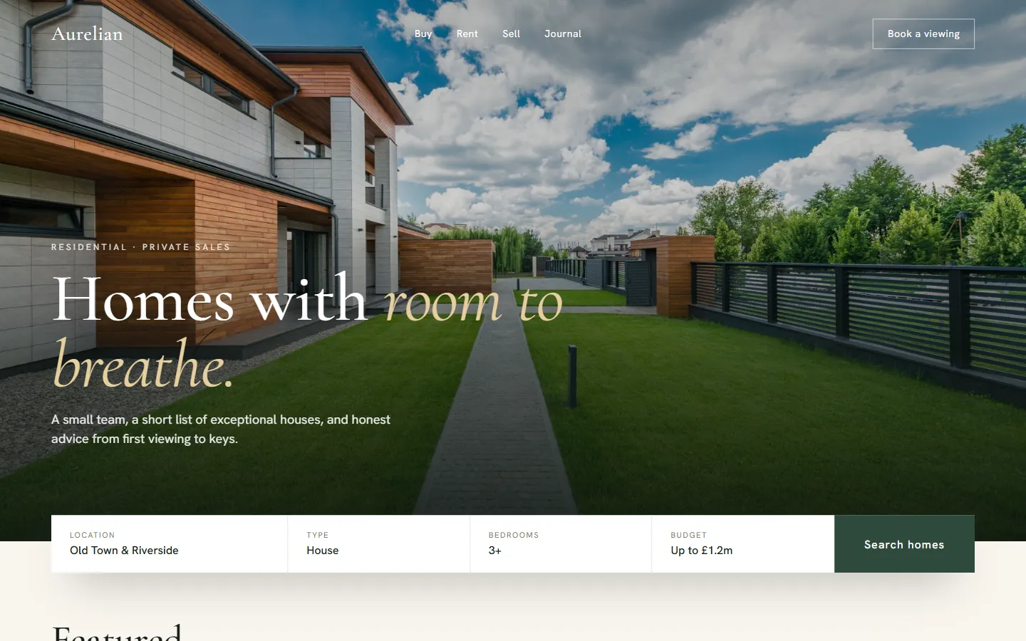 Sample real estate website concept: Aurelian Estates, desktop