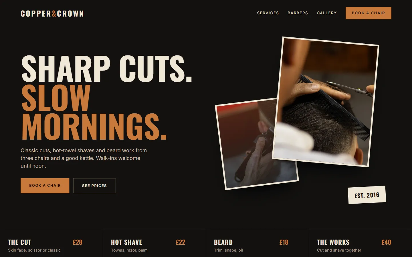 Sample barber shop website concept: Copper & Crown, desktop