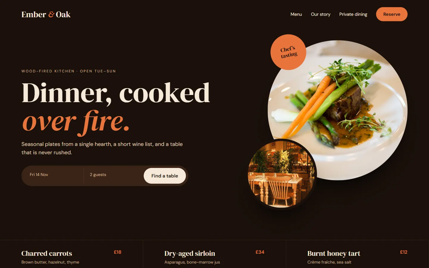 Sample restaurant website concept: Ember & Oak, desktop
