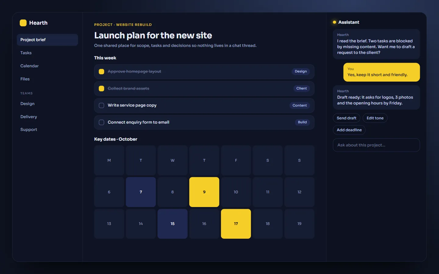 Sample team workspace dashboard concept: Hearth