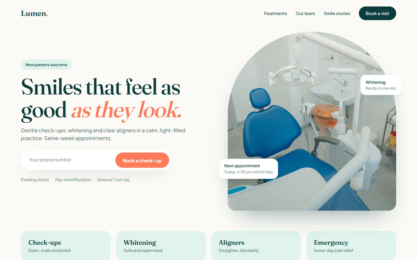 Sample dental clinic website concept: Lumen Dental, desktop