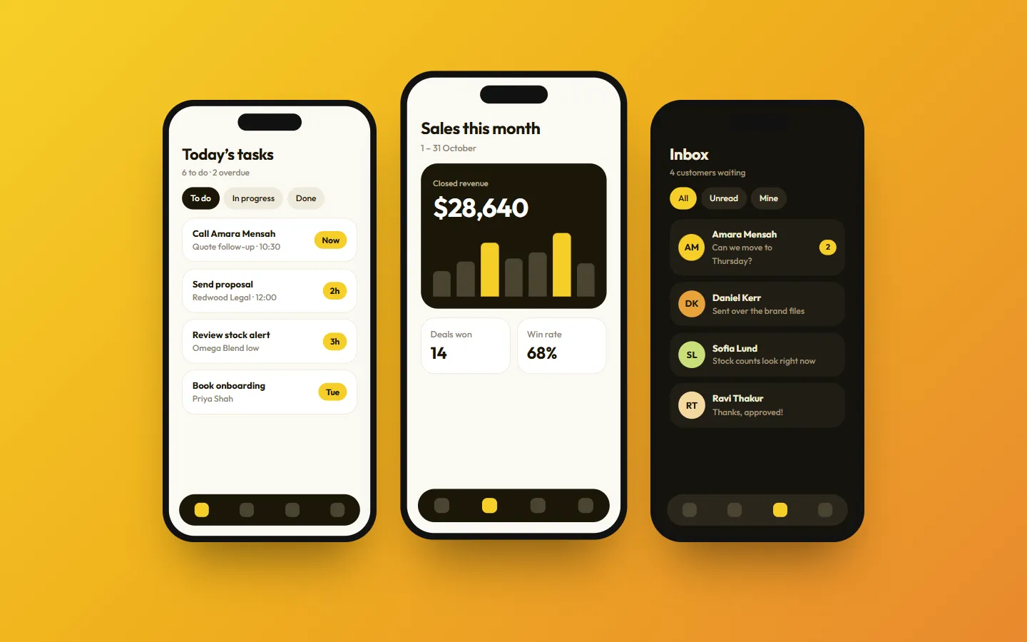 Sample mobile CRM app concept: tasks, sales and inbox on three phones