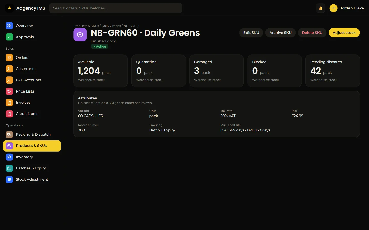 Sample inventory system concept: product detail in dark theme