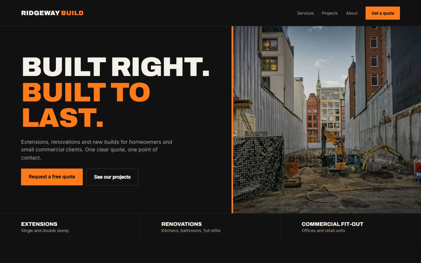 Sample construction website concept: Ridgeway Build, desktop view